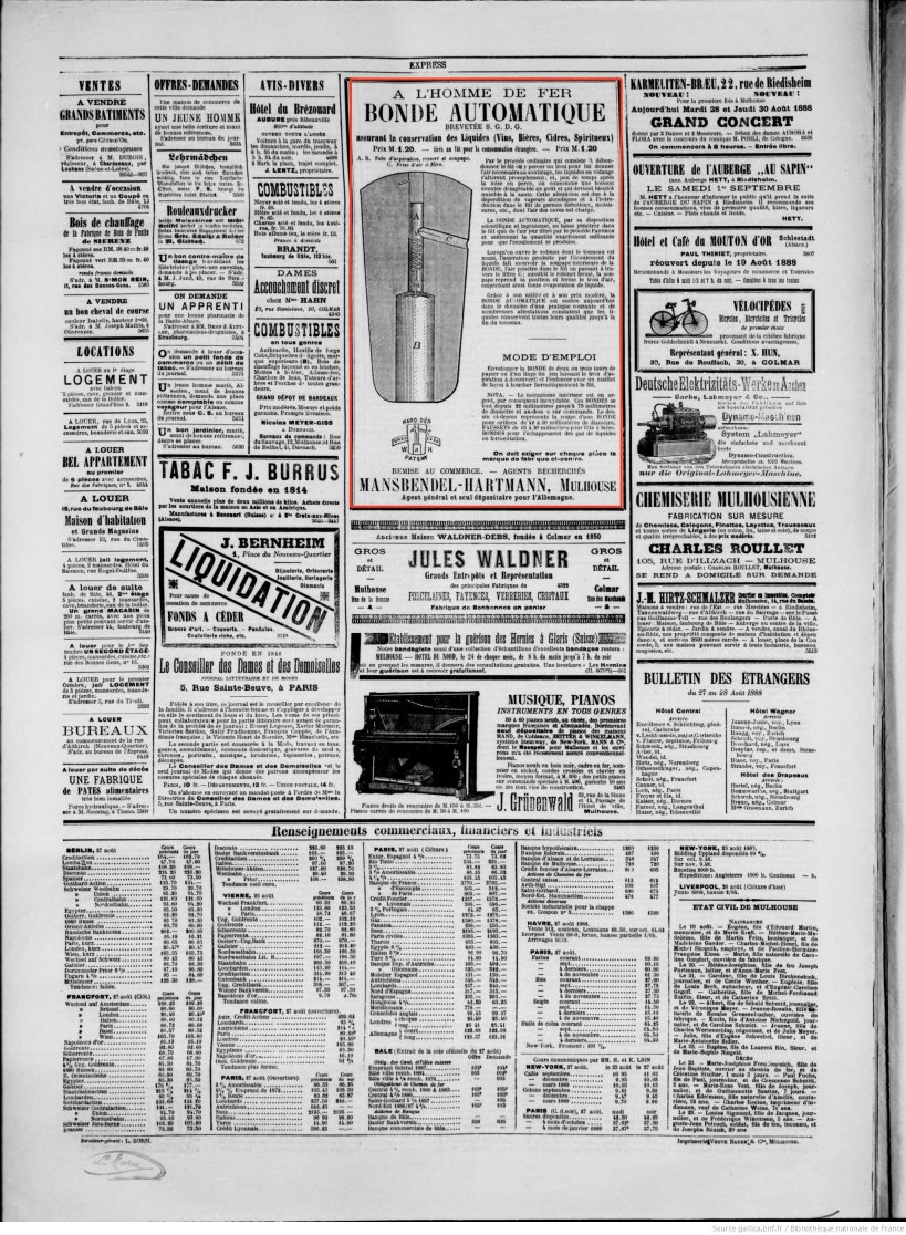 Journal L'Express de Mulhouse du 28 août 1888 (p.4) : bonde automatique.